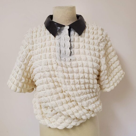 Cream Puffy Bubble Waffle Texture Polo Contrast Collar Top Immi - Picture 5 of 10